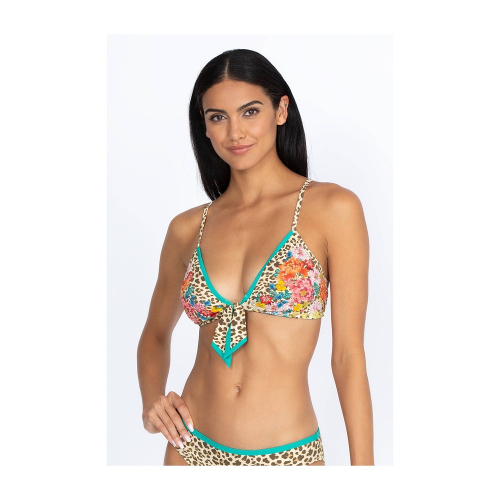 Johnny Was Mia front tie swimsuit‎ top bikini blue leopard floral print triangle